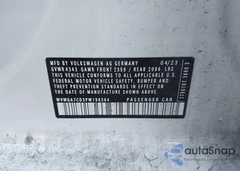 2023 Volkswagen Golf Gti 2.0T S из США, поврежденный, VIN WVWGA7CD3PW196364